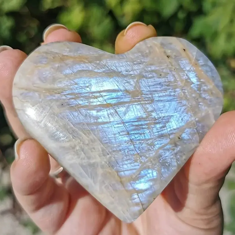 Piedra lunar con destello azul, cristal de corazón, protección curativa, regalo de meditación, energía espiritual, amor, fertilidad, piedra de palma, piedra preciosa de bolsillo