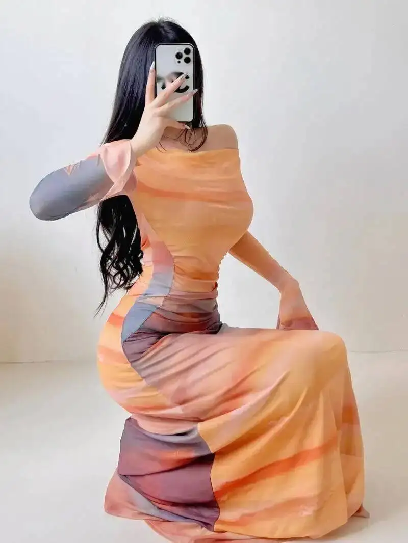 فستان غروب الشمس بربطة عنق مطبوعة برقبة متأرجحة أنيق أنثوي نحيف ورقيق للعطلات فساتين نسائية حلوة على الموضة 2025 جديد 0J0B