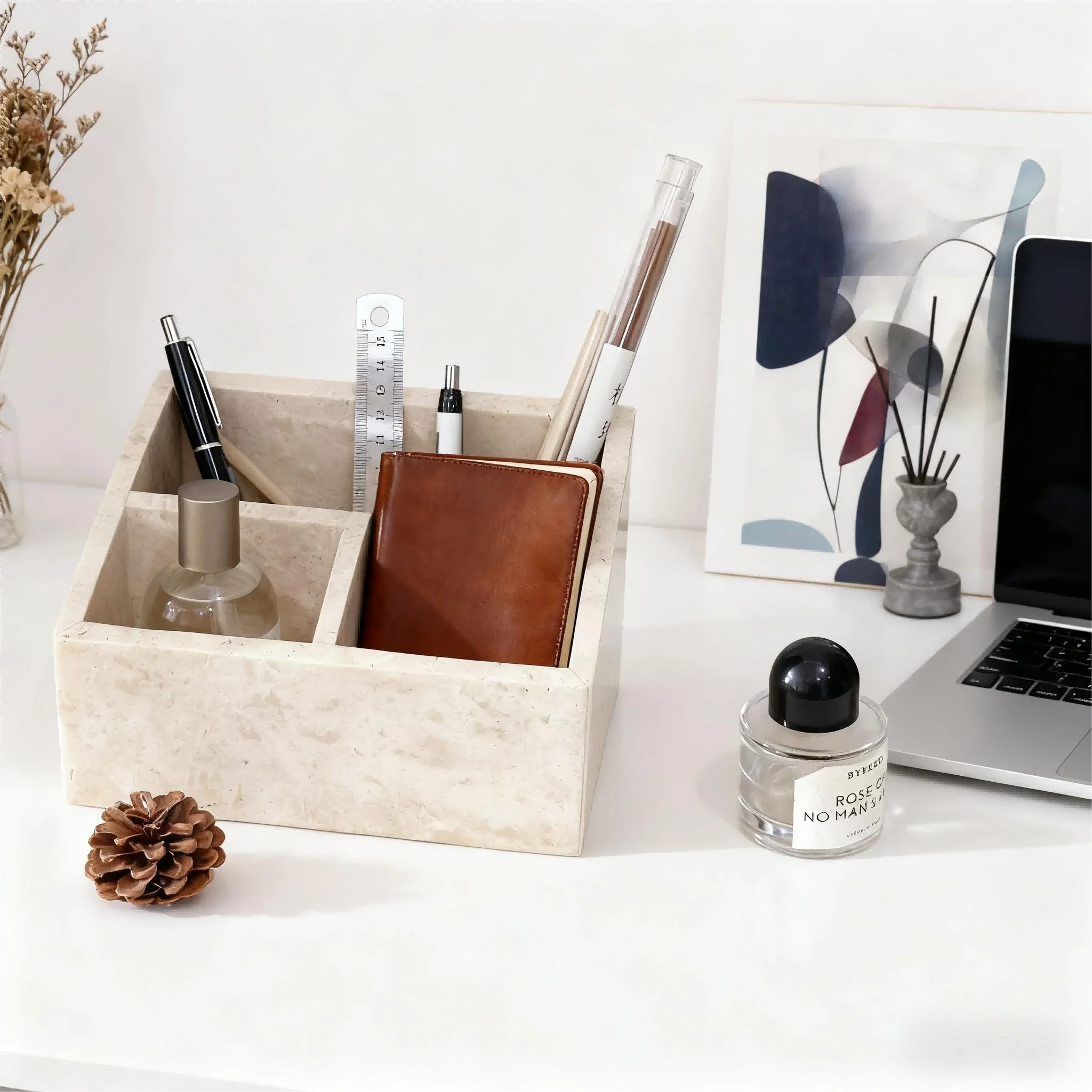 

Travertine Marble Tray - Multi-Layer Desktop Storage for Office Makeup Brushes, Bathroom Vanity Organizer with Compartments