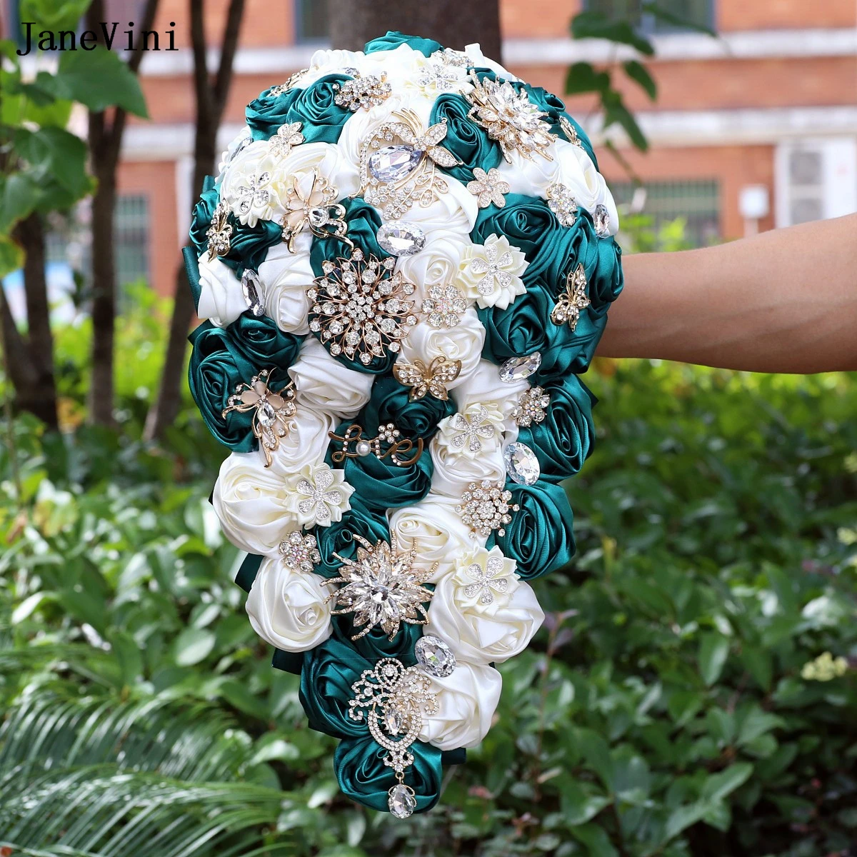 

JaneVini Luxury Rhinestones Waterfall Bridal Bouquets Dark Green Ivory Artificial Satin Roses Cascading Flowers Wedding Bouquet