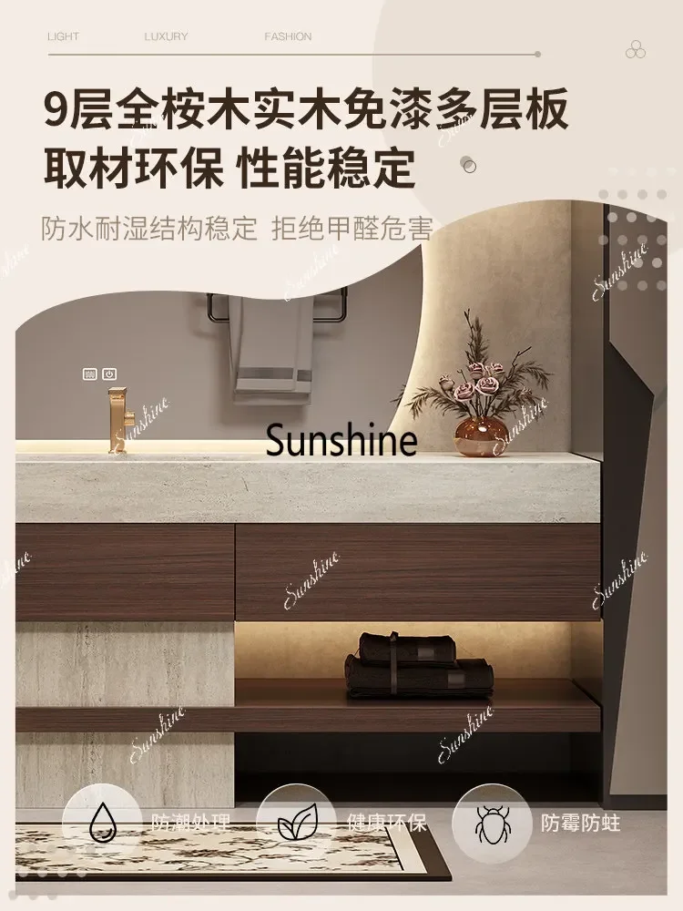 Rock slab hot bending integrated basin bathroom cabinet combined column washstand light luxury bathroomTJ