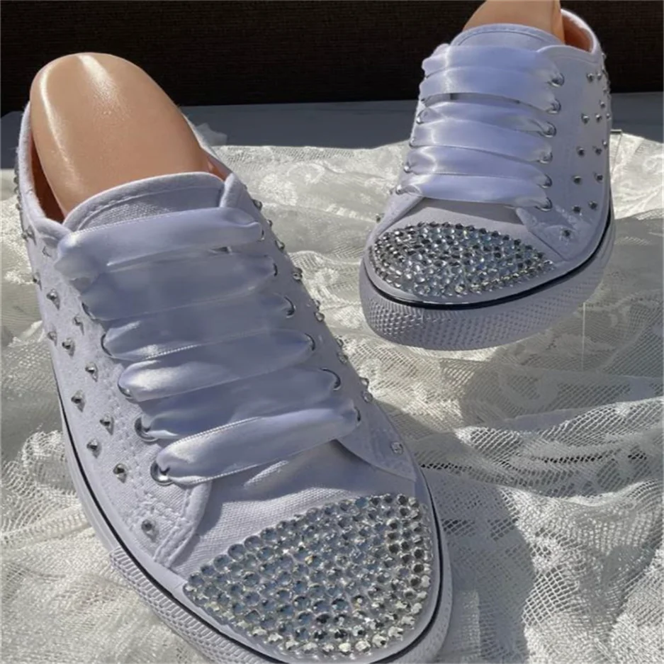 Custom silver rhinestone lace low top Everything sports leisure walking canvas shoes large size 35-46