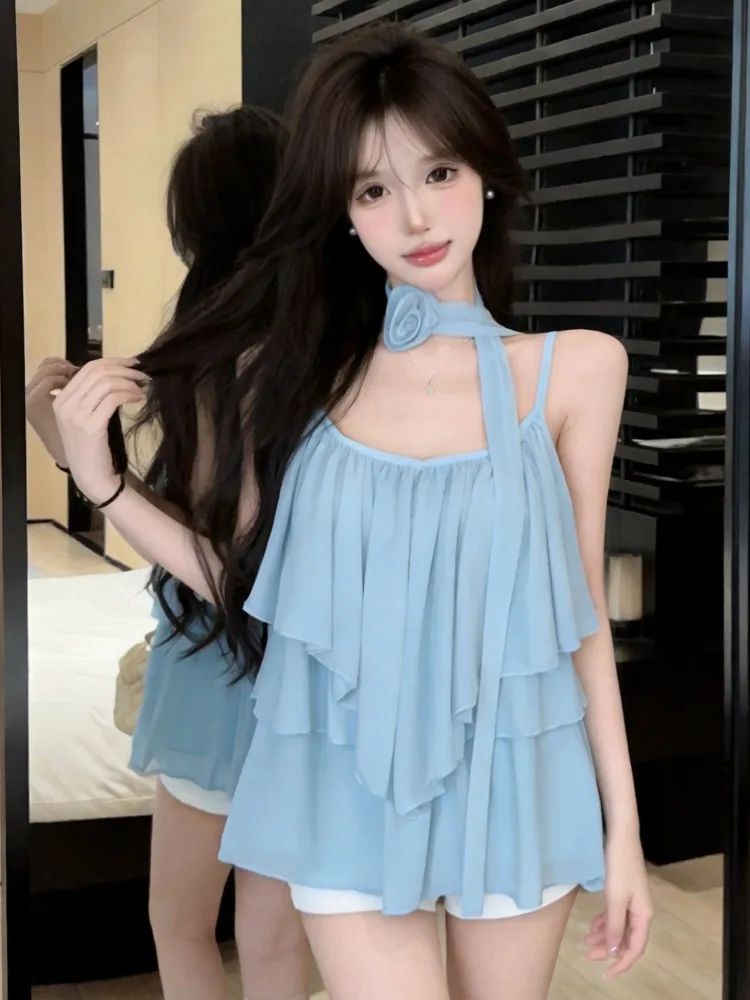

Summer New Sexy V-Neck Transparent Backless Casual Breathable Women's Tank Top with Lace Hem City Walk Suitable Short Top