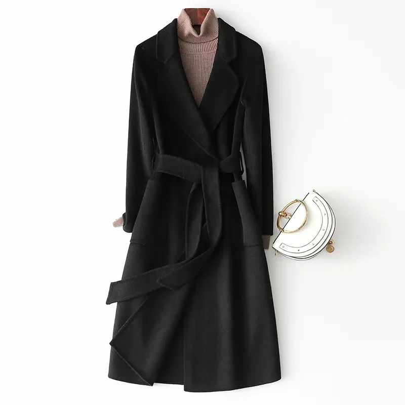 

French Hepburn Coat Double-sided Tweed Belt Western Style Explosion Maillard High-grade Woolen Coat 2025 Spring Autumn Jacket