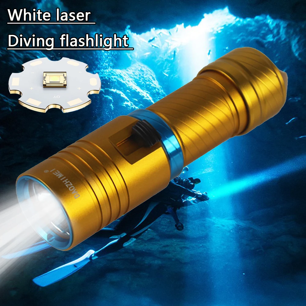 Powerful White&Yellow laser Diving flashlight 5000 Lumens stepless Dimming 26650 Dive Torch 100M Underwater Waterproof Lamp