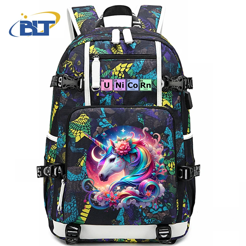 Unicorn Print School Bag para crianças, mochila de grande capacidade, USB Outdoor Travel Bag, presente para meninas