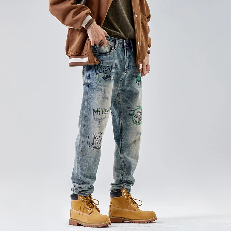 American street retro graffiti washed vintage jeans for men spring and summer straight leg long pants for men harem pants