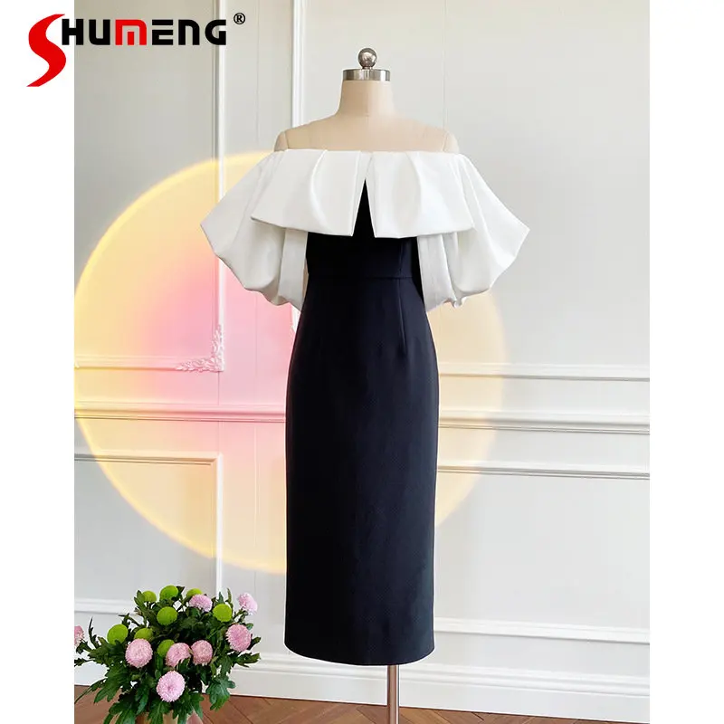

2023 Spring Autumn New Black Off-Shoulder Tube Top Split Elegant Slim Dress Women's Fashion Mid-length Sheath Dress