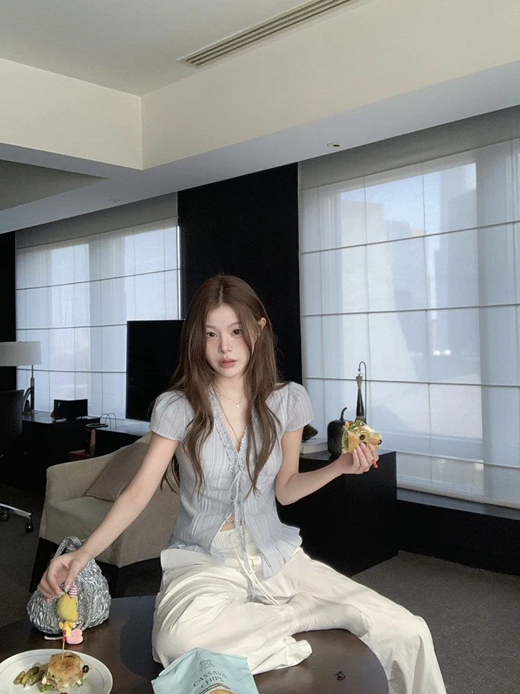 

Sasaouni Blue V-neck Short Sleeve Shirt Women's Summer New Style Beautifully Designed Tie Waist Shirt Commute Style Slim Fit