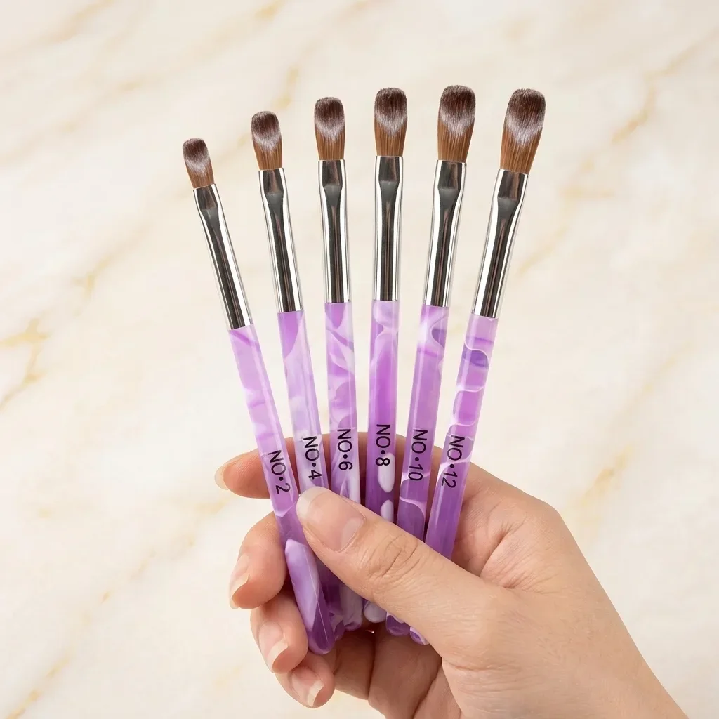 6Pcs Purple Marble Acrylic Nail Brush Set Kolinsky Nail Art Brushes Professional Nail Extension Carving Drawing Brush For Salon Home DIY Manicure