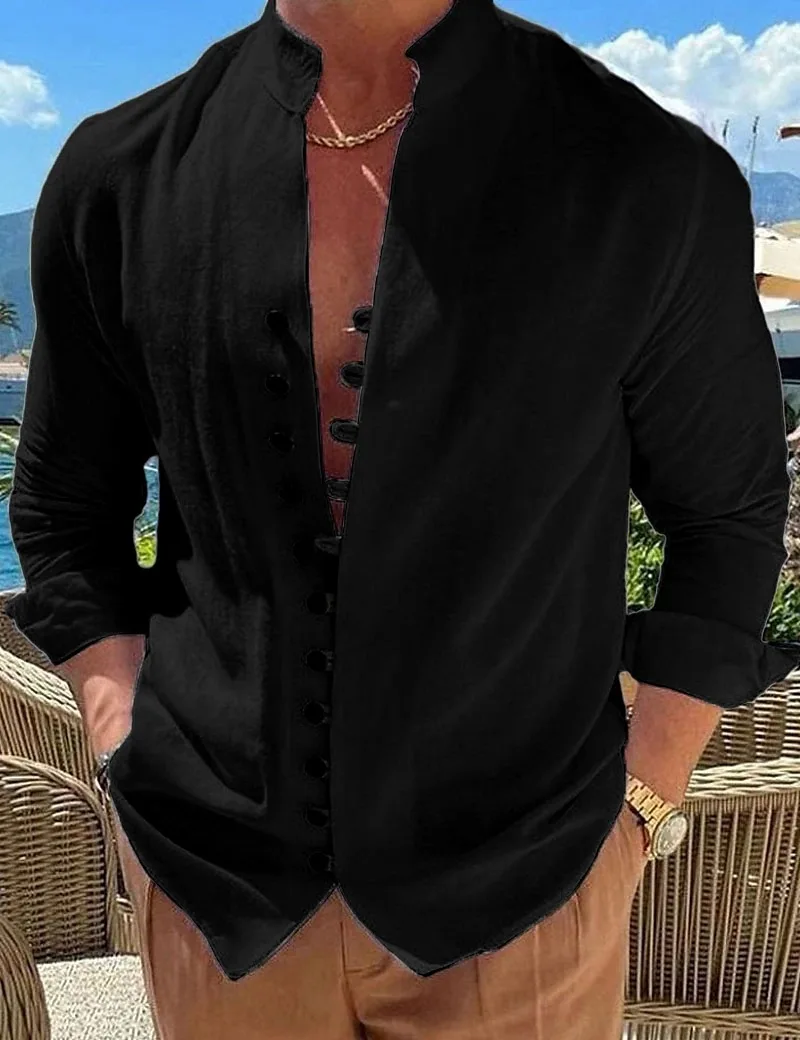 New Men\'s Vintage Casual Shirts Cotton Linen Long Sleeve Street Wear Lapel Button Solid Color Shirt For Men Vacation Blouse Top