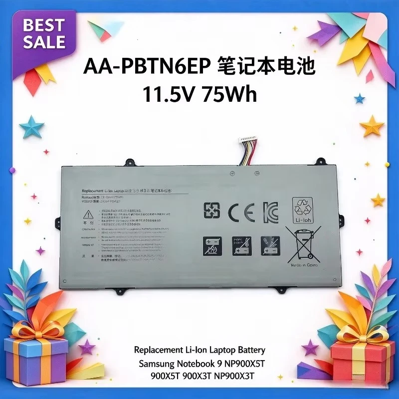 AA-PBTN6EP 11.5V 75Wh Replacement Li-Ion Laptop Battery for Samsung Notebook 9 NP900X5T 900X5T 900X3T NP900X3T X01US X78L X20