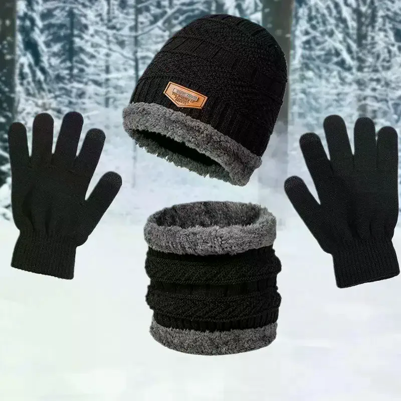 طقم قبعات شتوية للرجال مكون من 3 قطع، قفازات وشاح لتدفئة الرقبة، الكل في واحد، قبعة محبوكة مبطنة بالصوف