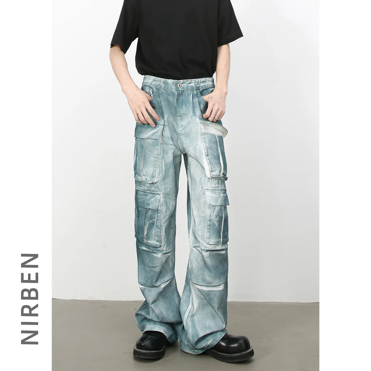 Denim American High Street Multi-pocket Ink Tie-dye Tooling Jeans Men's Loose Straight Wide-leg Pants