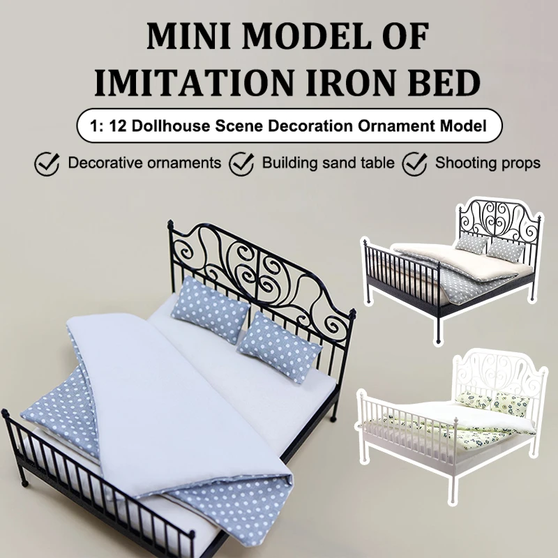 

1/12 Dollhouse Simulation European Bed With Mattress Pillow Quilt Doll Home Iron Art Double Bed Bedroom Furniture Decoration Toy