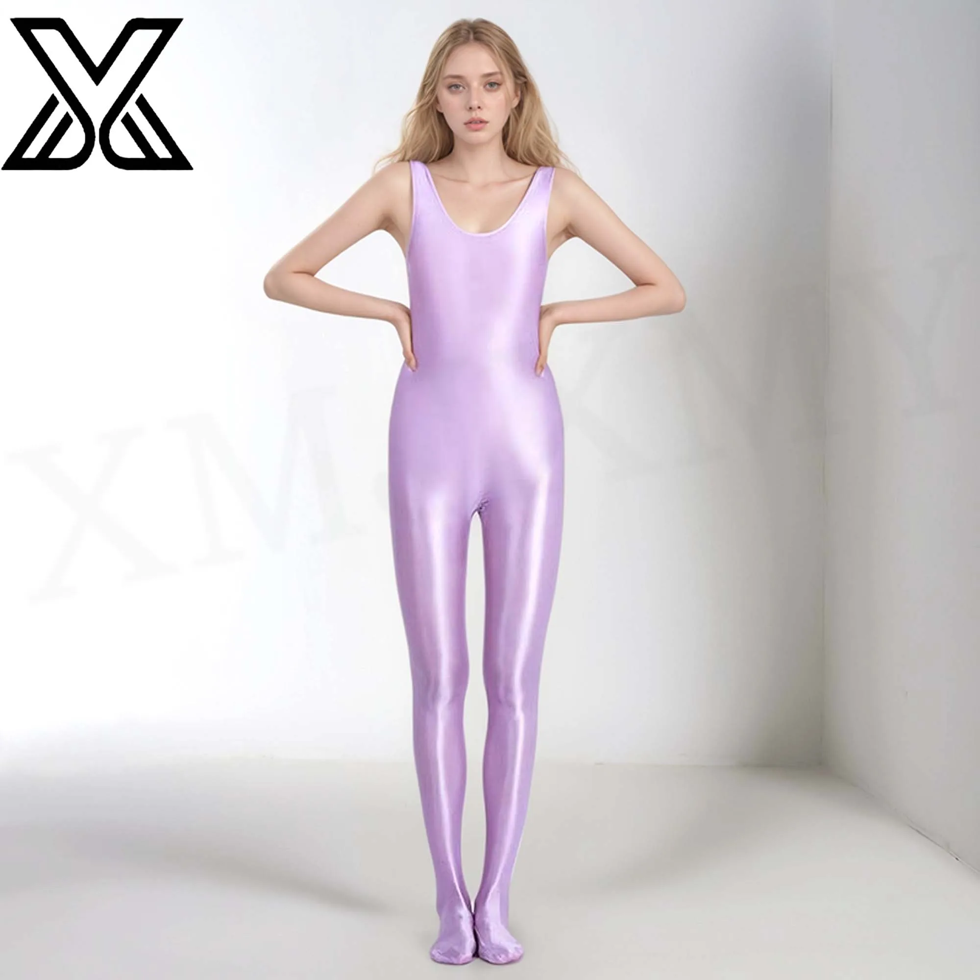 XMJXMY Big size shiny silky glossy silky transparent bodysuit sexy