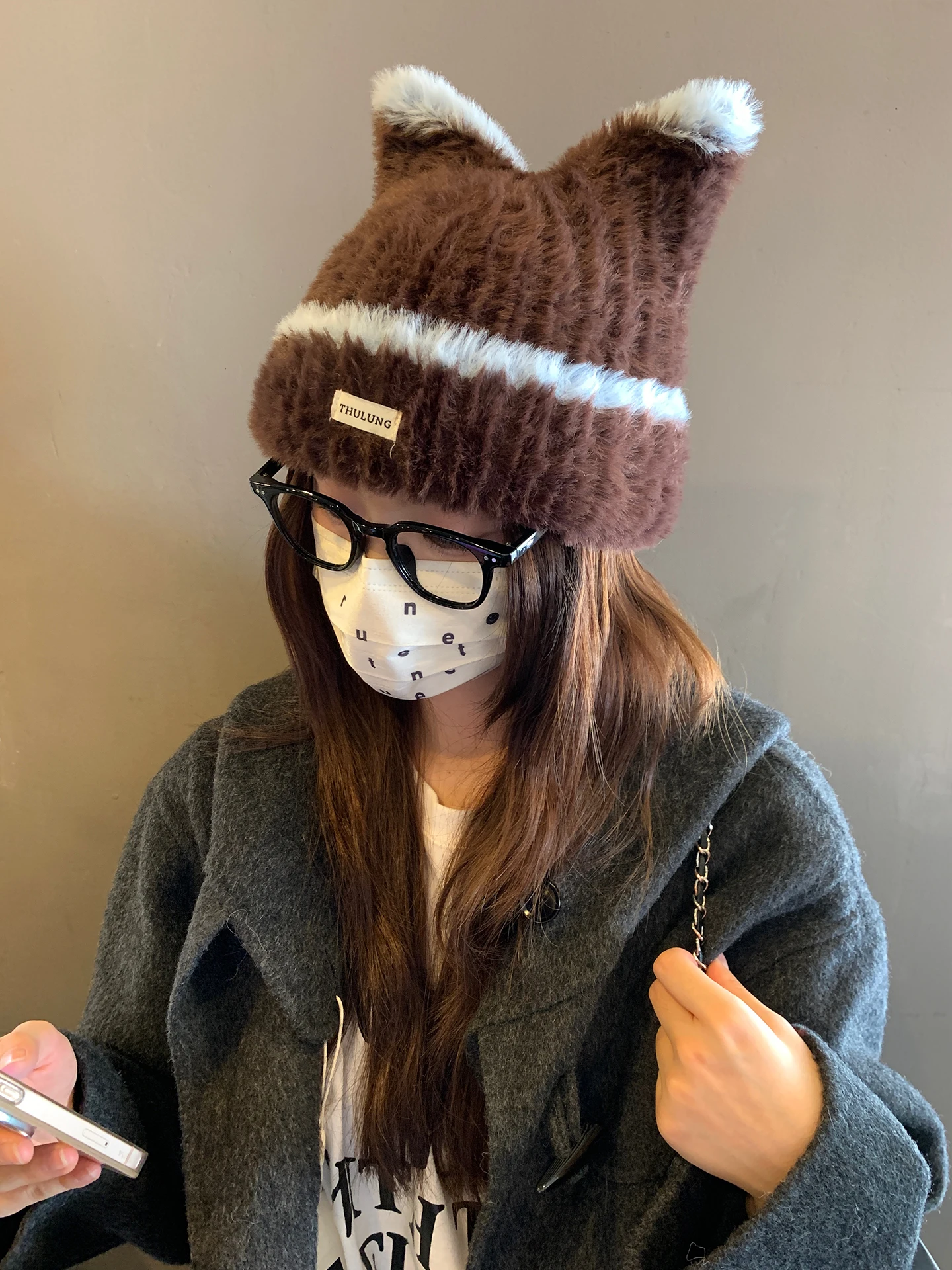 Color-Blocking Cat Ear Knitted Hat For Women Autumn And Winter Versatile Thickening Warm Plush Hooded Cold Hat