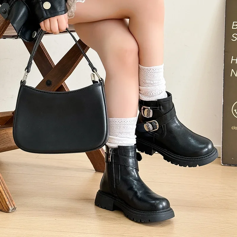 Girls Ankle Boots Buckle Side Zipper Motorcycle Boots Kids Non-Slip Booties Toddler Winter Warm Shoes Outdoor School Wear