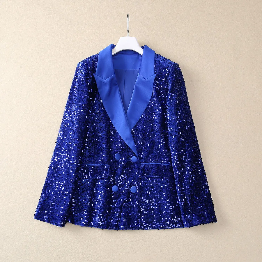 Europe and the United States women's 2024 winter new Long sleeved heavy sequined blue velvet fashion Double-breasted coat