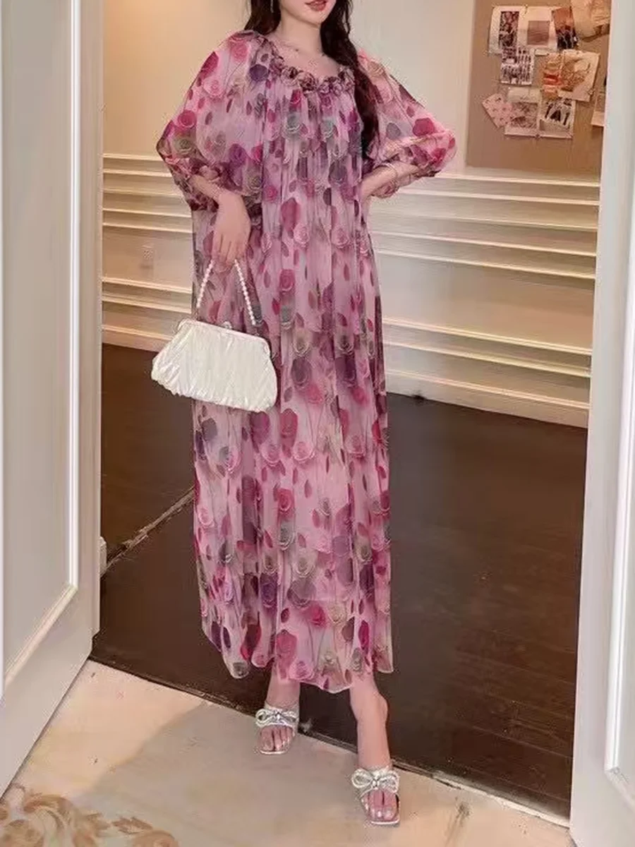 VGH Colorblock Printing Dress for Women O Neck Spliced Petal Three Quarter Sleeve High Waist Elegant Chiffon Dresses Female New