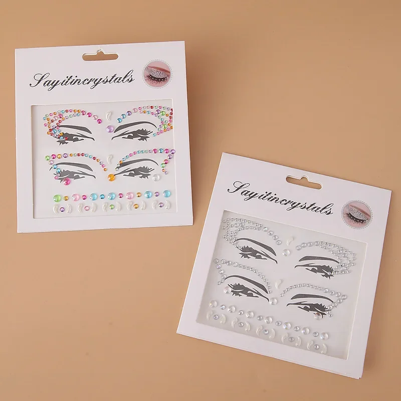 Pegatinas de tatuaje de perlas de diamantes de imitación acrílicas desechables DIY, maquillaje de Mascarada, decoración facial, pegatinas de ojos de