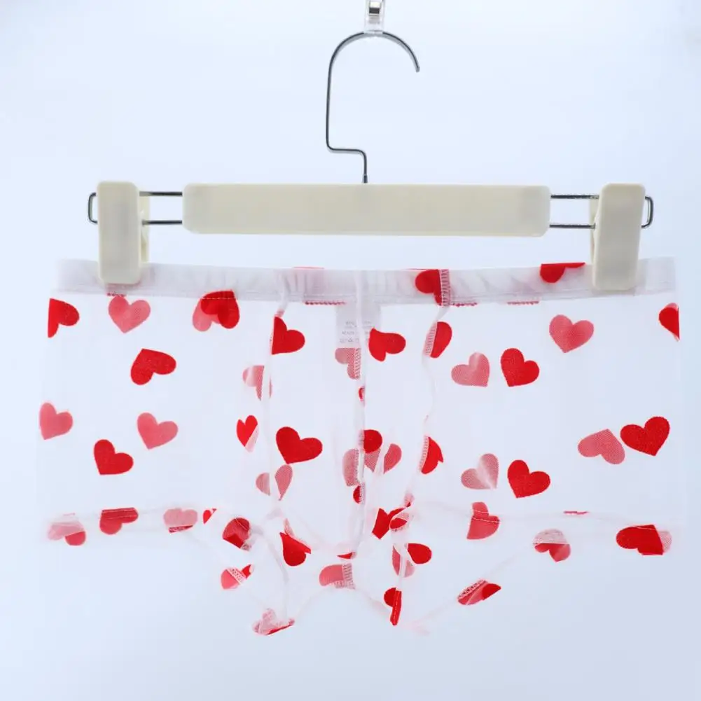Valentine Day Men Underwear Men Boxer Elastic Perspective Hollow Mesh Boxer Briefs Heart Pattern Underwear Anniversary Gift