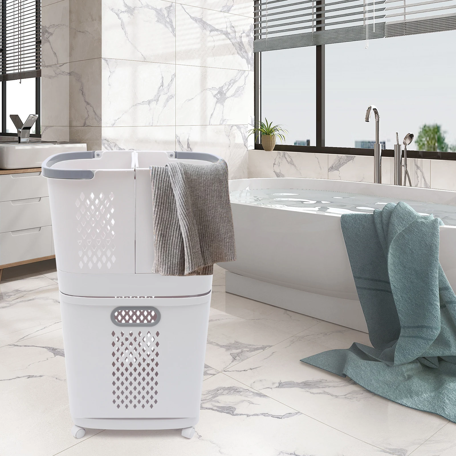 

2 Tier Rolling Laundry Hamper,Multipurpose Sorter Basket Laundry Basket Bathroom Multi-layer Clothes Storage Basket Household