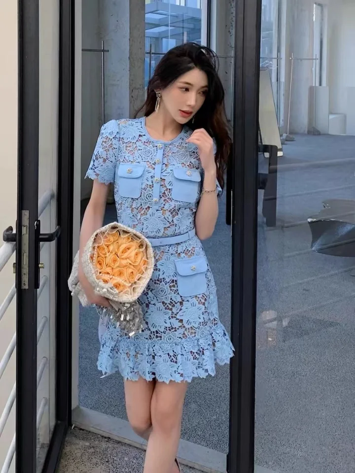 SMTHMA Light Blue Lace Hollow Out Slim Summer Dress Women's O-Neck Short  Sleeve Luxury Diamond Buttons Runway Dresses Vestidos - AliExpress 200000345