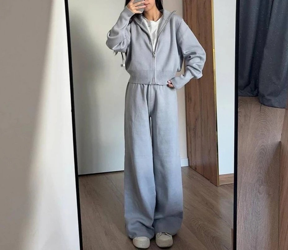 Athleisure Two Piece Set for Woman Knitted Casual Loose Zip Up Hoodies Long Sleeved Jacket Shirt High Waist Wide Leg Pants Set