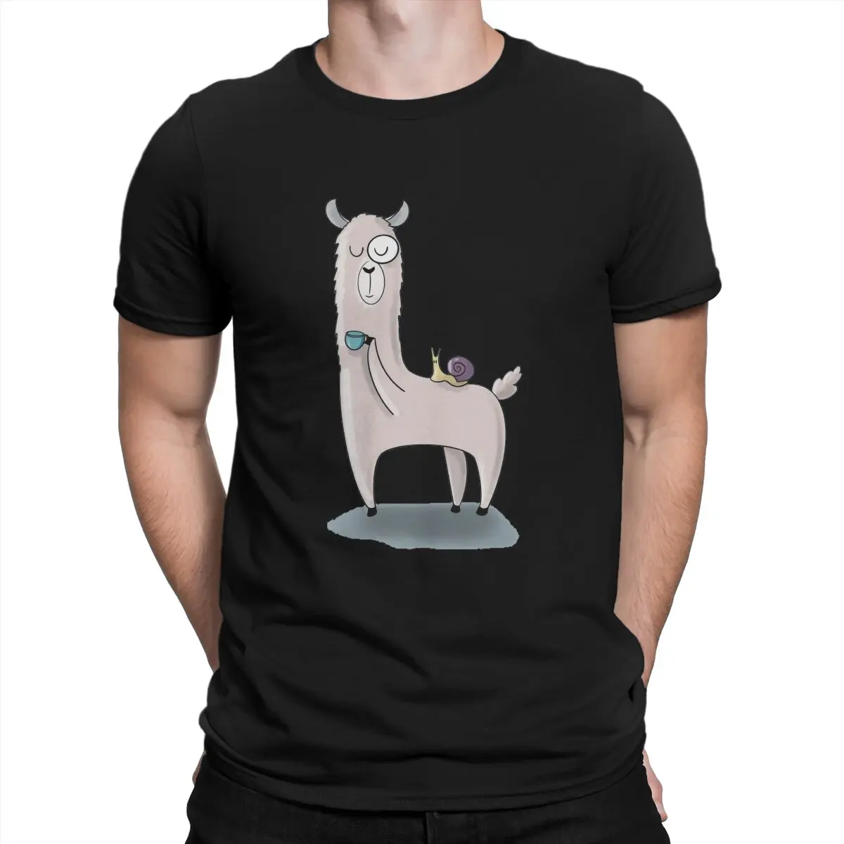 Lama with Funny Sunglass and Coffee Men TShirt Alpaca With Sunglasses Crewneck Short Sleeve Fabric T Shirt Funny High Quality