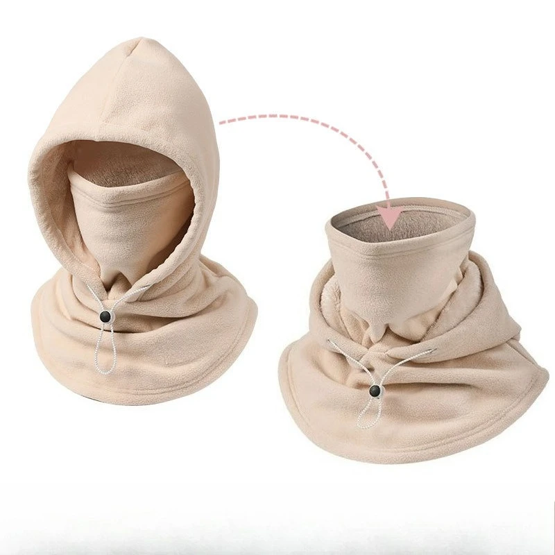 Drawstring Fleece Balaclava Hat Wind‑Resistant Full‑Face Mask Thermal Neck Gaiter Multifunctional Outdoor Cycling Ski Head Wrap