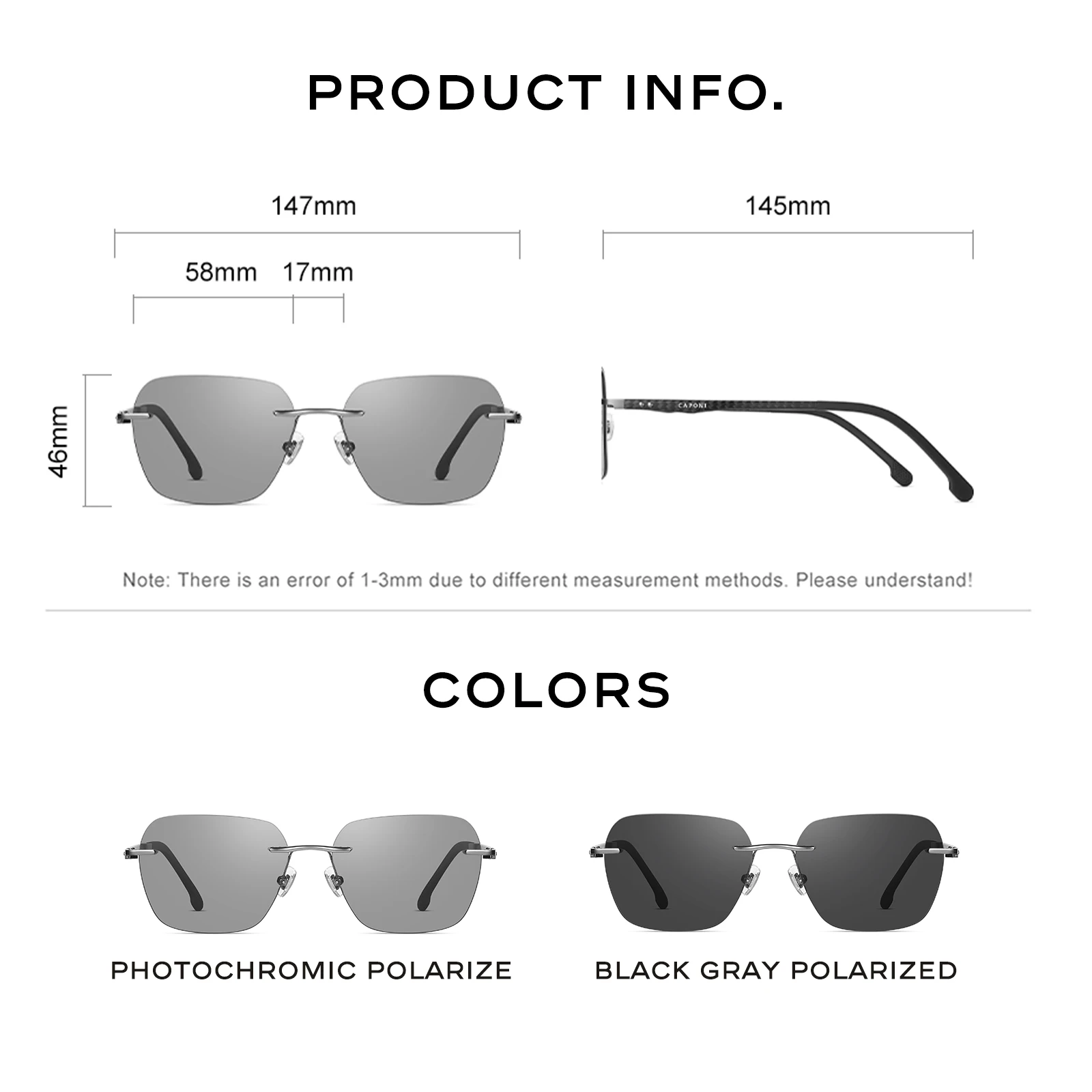 CAPONI Sunglass men Polarized Photochromic Lightweight Carbon Fiber Frameless Outdoor Shades Sunglasses Designer UV400 BS24610
