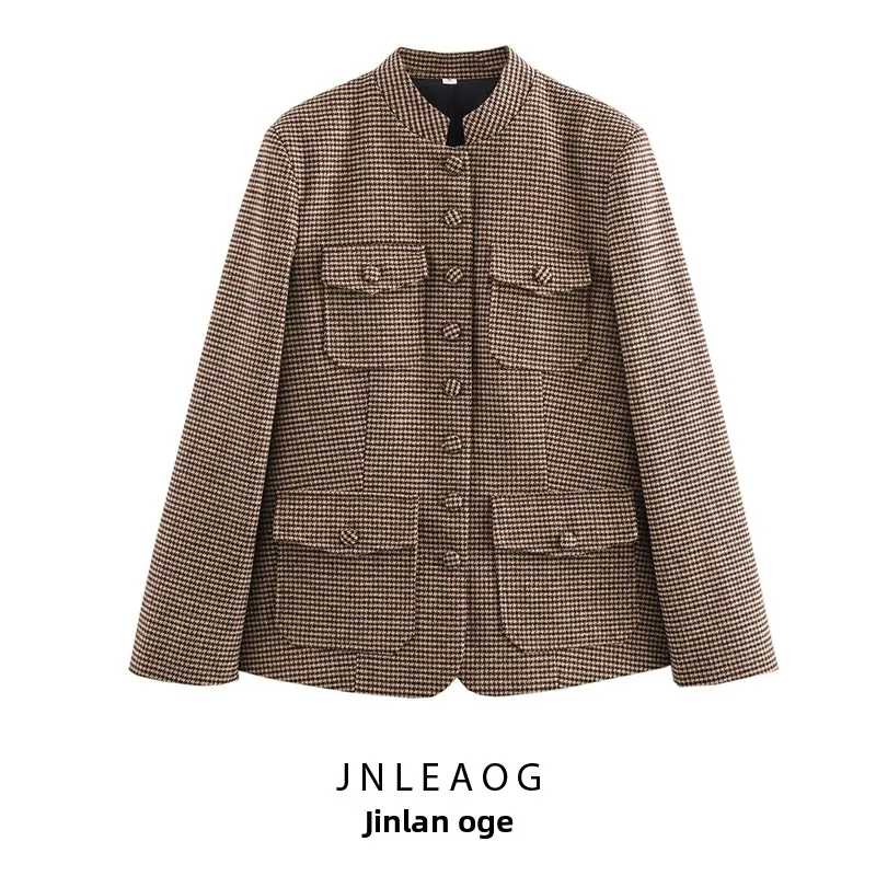 

JNLEAOG Autumn New Women's Faion Outerwear Plaid Design Versatile Long Sve Polyester Lady's Coat Button Closure