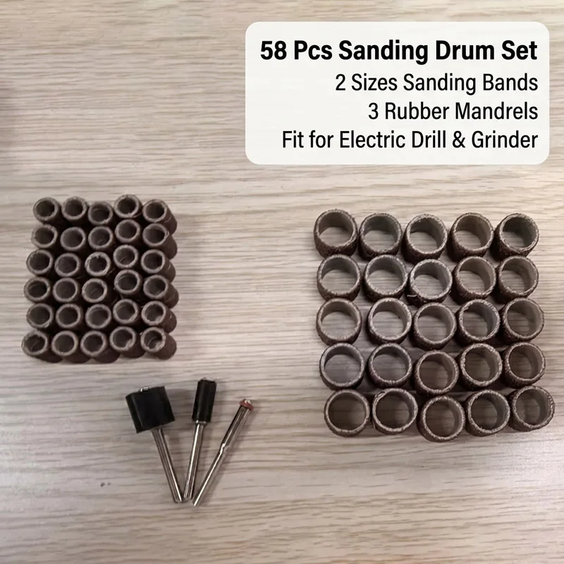 58Pcs Sanding Drum Set, Sanding Bands (9mm & 16mm) with 3 Rubber Mandrels for Electric Drill & Rotary Tool, DIY Crafts