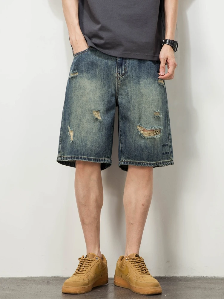 American Casual Washed Denim Shorts Men Loose Trendy Vintage Blue Summer Versatile Thin Five-Point Pants Straight Leg Jeans