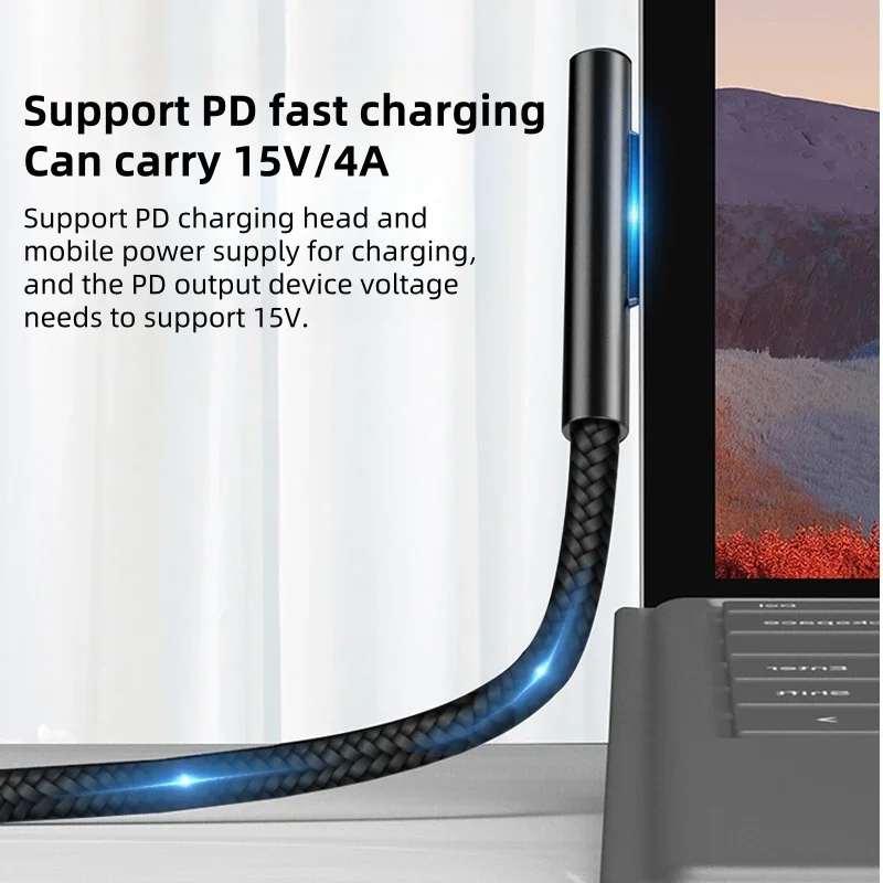 PD 100W Type-C to Microsoft Surface Charger Cable Braided USB-C Power Delivery Cord for Surface Pro 7/8/9, Laptop Go, Book 3
