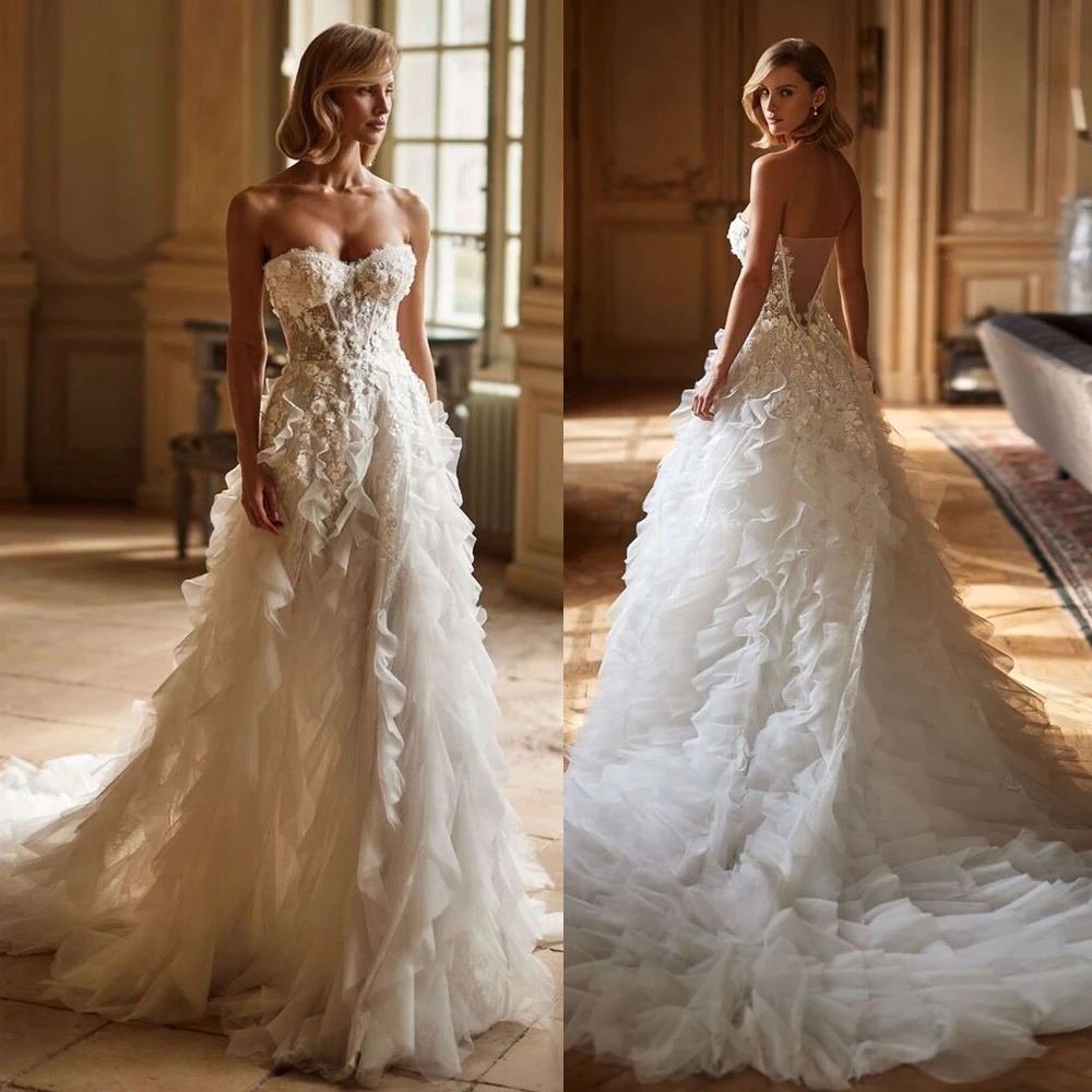 Unique A-line Wedding Dresses for Women Sweetheart Appliques Lace Tulle Backless Sweep Train Hem Custom Made Robe De Mariée