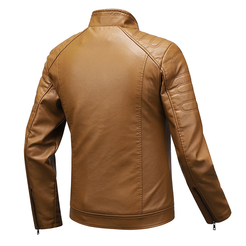 سترة جلدية أوروبية للرجال بقصة ضيقة وسترة خريفية رفيعة بدلة دراجة نارية مقاس كبير Q محفظة جلدية بياقة واقفة #3