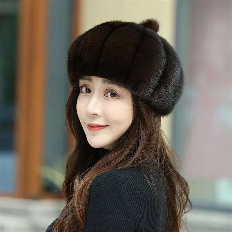 

Labies Fur Hat 100% Mink Beanie For Girls Soft Thickened Furry Beret Ladies Hat Elegant Winter Outdoor Windproof Warm Hat