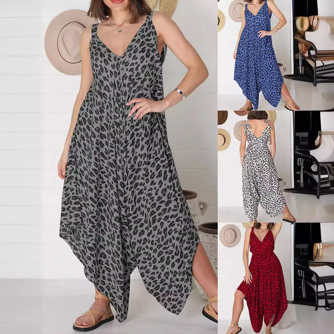 

2025 New Cross-border Women's Clothing Amazon Jumpsuit Suspender Leopard Print Wide-leg Dress Pants Cw90188