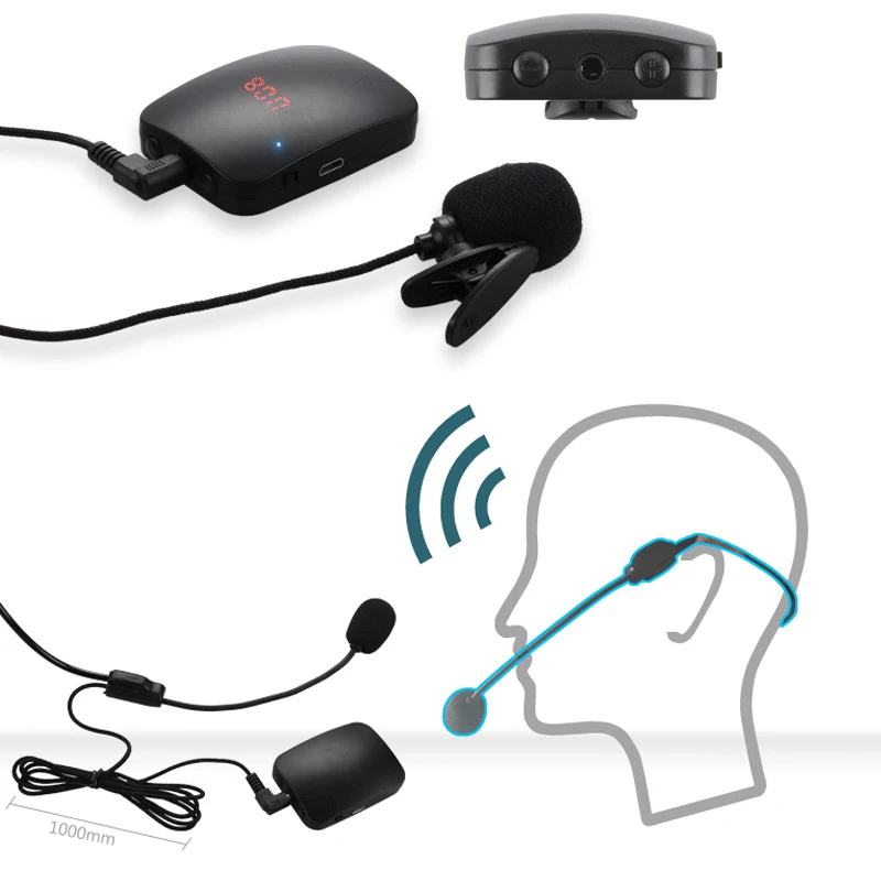 Fm Wireless Microphone Transmitter With Headset Mic & Lapel Mic For Teacher Tour Guide Headworn Fm Wireless Microphone