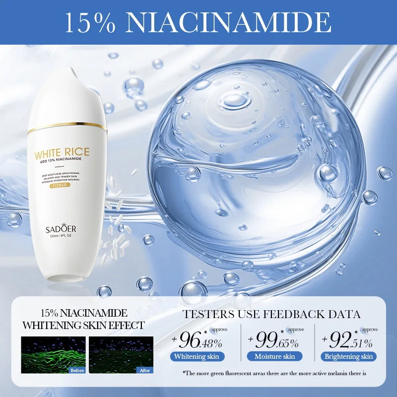 Riso bianco 120ML Siero di niacinamide Pelle del viso Schiarente Crema idratante Prodotto per la cura della pelle con acido ialuronico