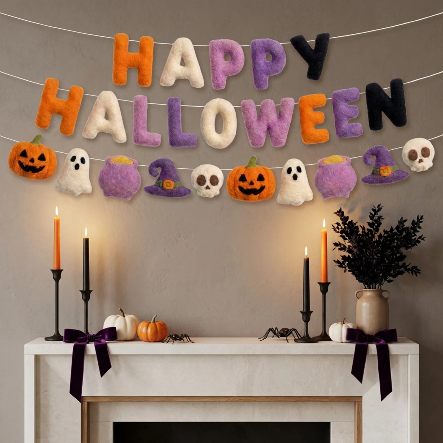 1 Set of Felt Happy Halloween Banner with Fluffy Orange, Purple, and Black Letter Bunting, Featuring Pumpkin, Witch Hat, Cauldron, Skeleton Cutouts, Halloween Fireplace Decorations, Tabletop and Hanging Decorations. Halloween Gift