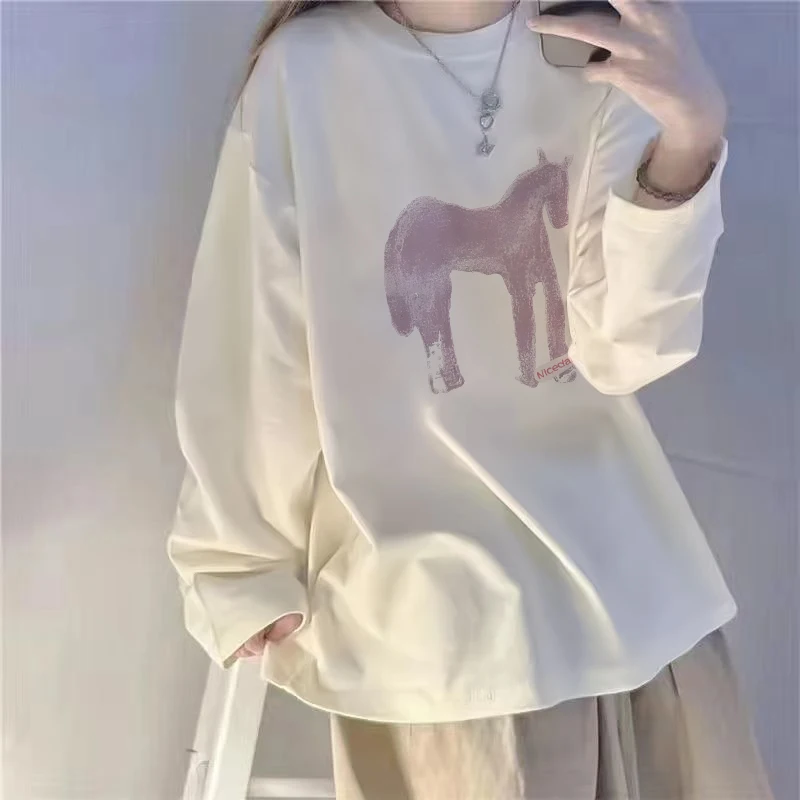White Long Sleeve Base Shirt Women's Inner Wear T-Shirt Cover Belly Large Size Spring Early On-Track Style Korean Loose Fit