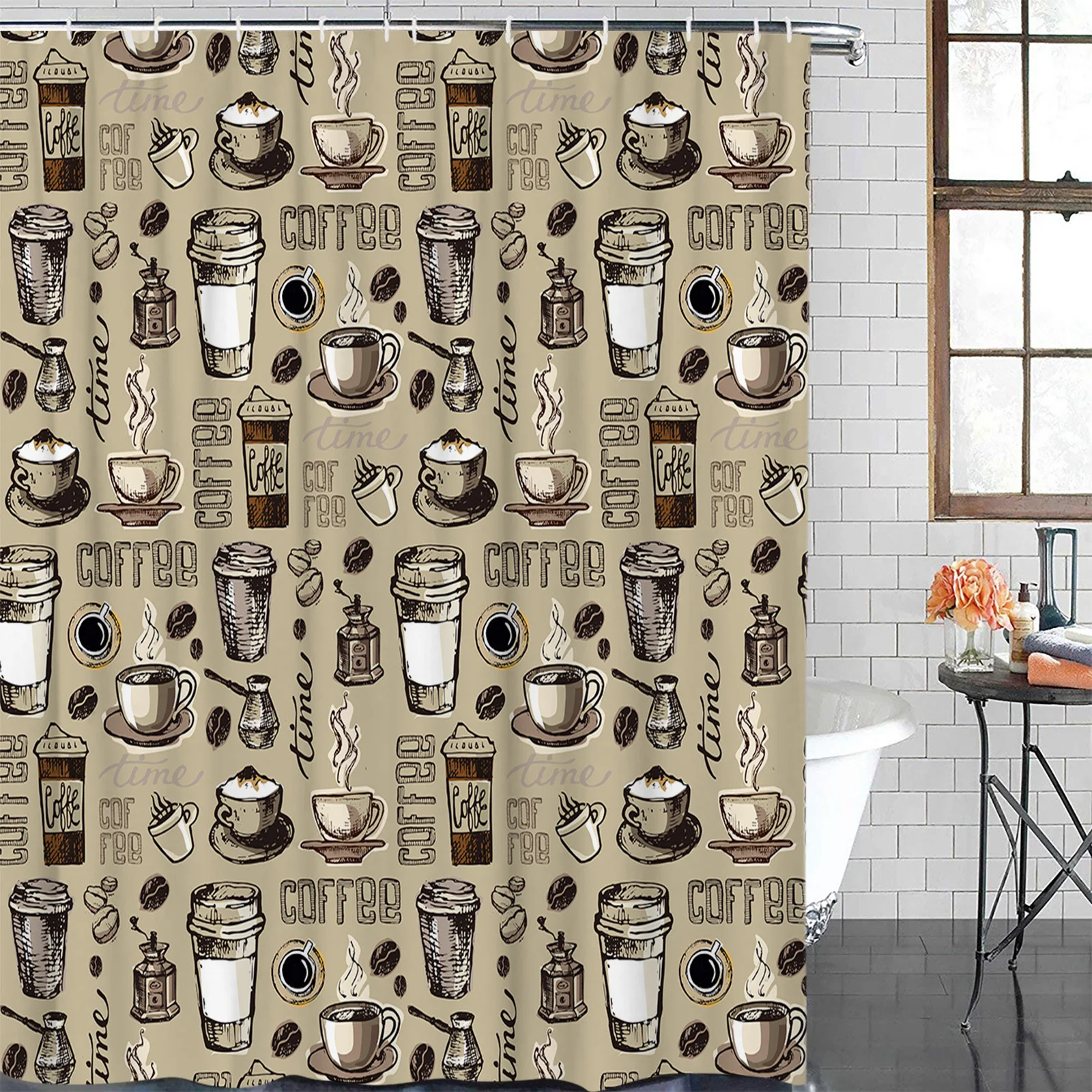 Coffee Coffee Beans Coffee Cup Waterproof Shower Curtain Polyester Printed Bath Curtains Bathroom Decorations Accessories