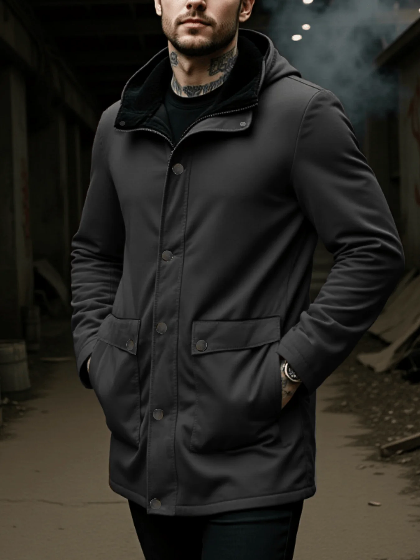 

Winter Men's Hooded Faux Fur Overcoat Thickened Casual Coat Zipper Closed Hooded Overcoat Cotton Windproof Men's Wear