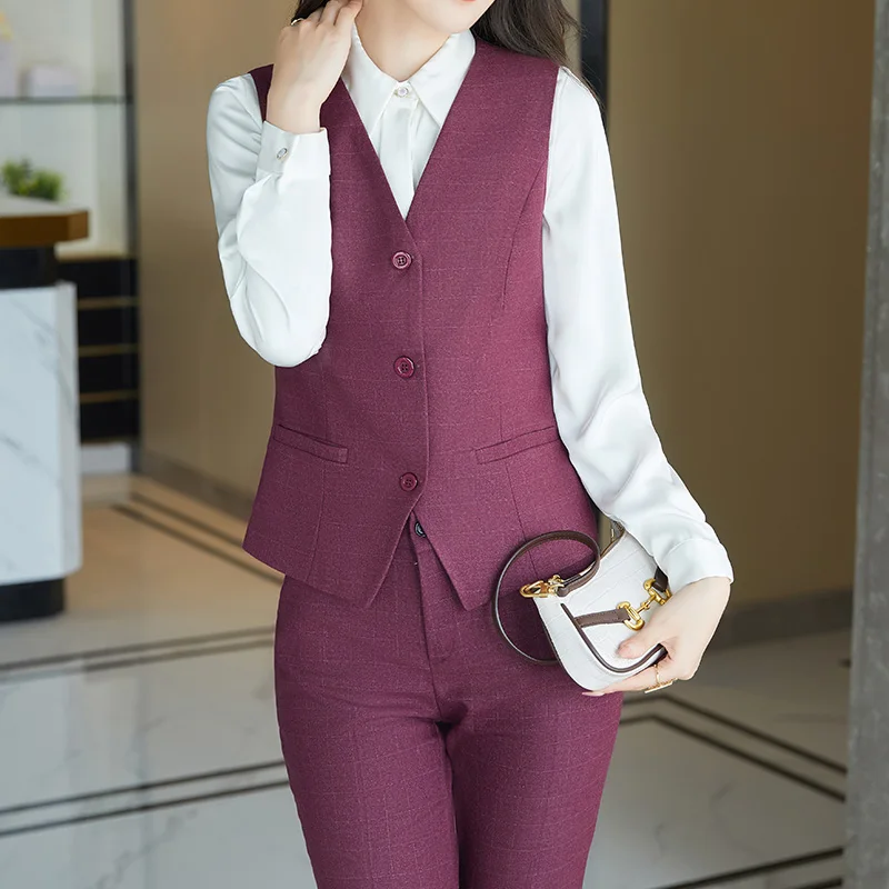 Lenshin 4 Piece Plaid Set Office Ladies Blazer Vest Pant Skirt Suit Uniform Designs Women Business Suits for work Formal Wear