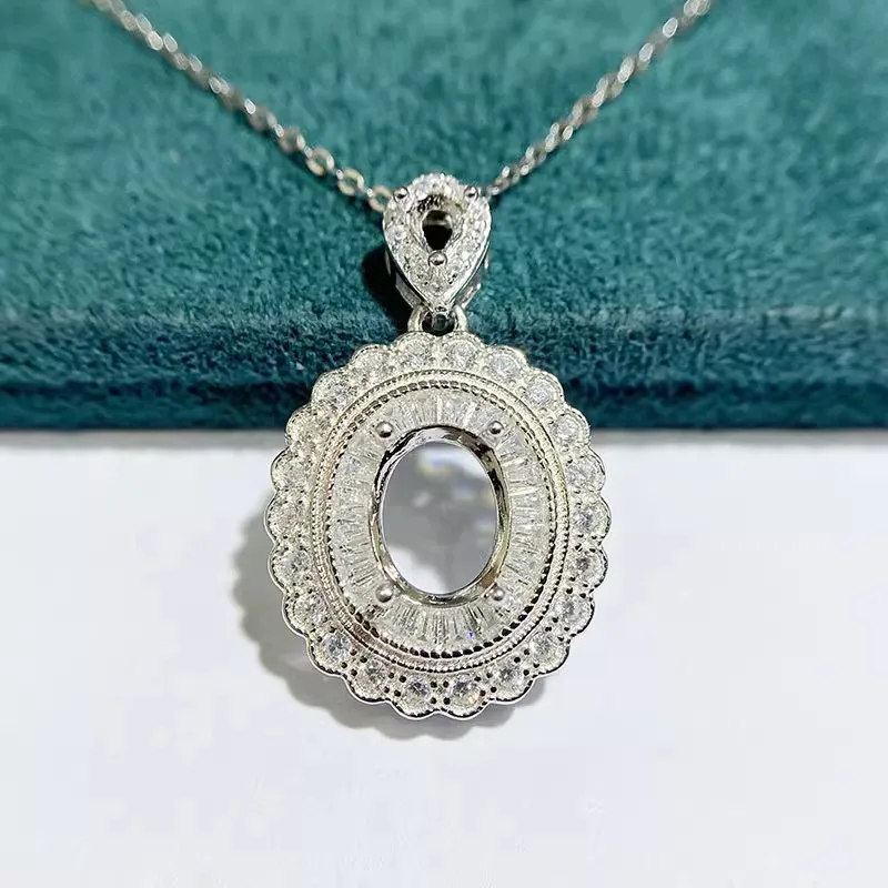 MeiBaPJ 7mm*9mm Elliptic Stone DIY 925 Silver Flower Zircon Pendant Necklace Empty Setting Fine Wedding  Jewelry for Women