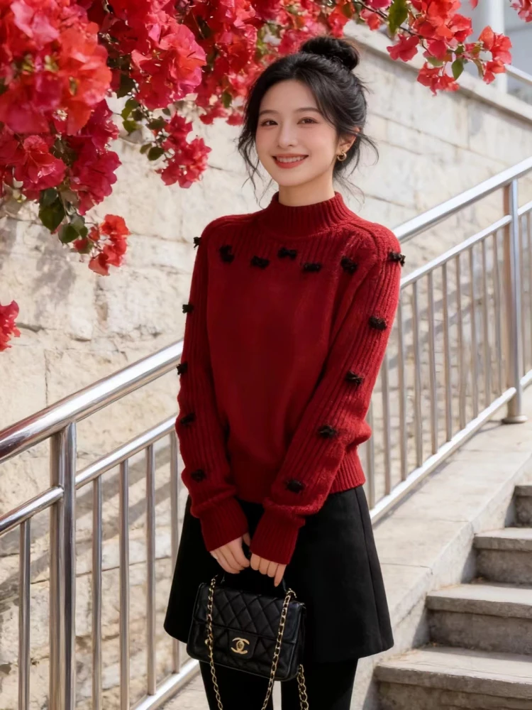 

Французский вязаный свитер с воротником-стойкой и узлом, женский, зимний, новый, красный, антивозрастной, базовый, свободного кроя, размер S