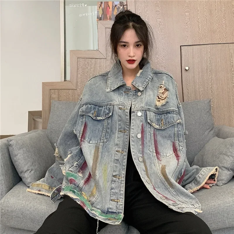 Korean Style Women Jacket Loose Vintage Fashion Denim Coat Oversize Graffiti Print Hole Streetwear Female Denim Jacket HOT